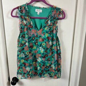 Elle sea green floral ruffle trim v-neck tank top.  Sz S